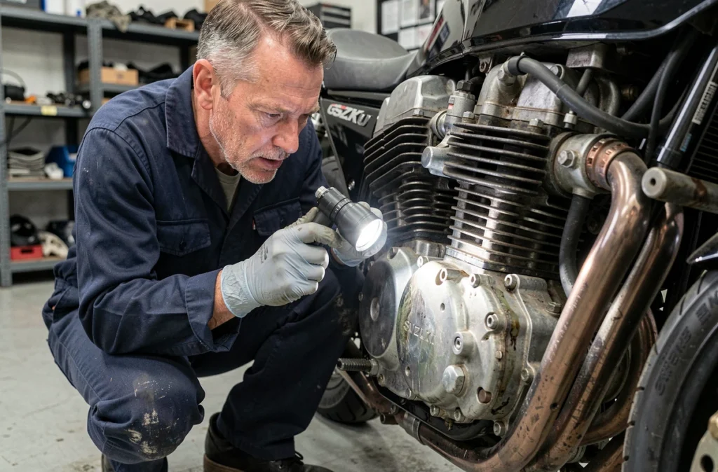 Mécanicien inspectant de près le moteur d'une Suzuki GSXR 1100 de 1992, examinant les points faibles mécaniques typiques comme le joint de culasse et les durites