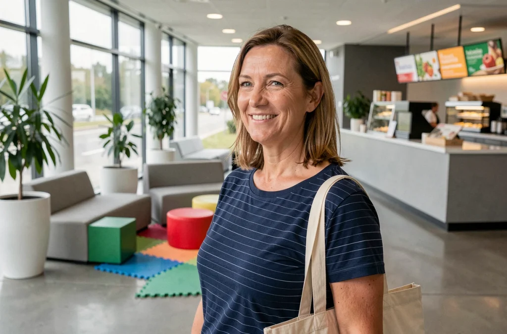 Femme dans une aire de service autoroutière rénovée avec espace enfants et restauration saine visible en arrière-plan