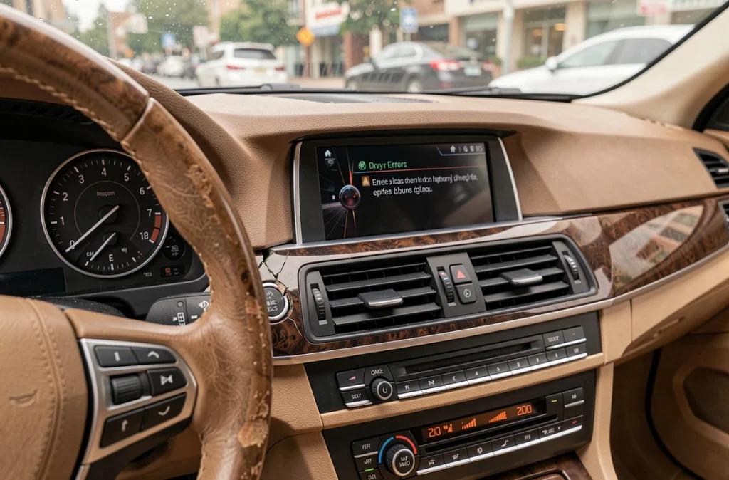 Intérieur d'une BMW Série 5 F10 montrant un message d'erreur sur l'écran iDrive et des défauts visibles sur la planche de bord et le volant usé