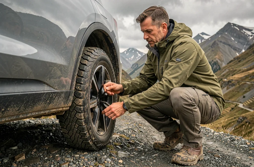 Journaliste automobile inspectant le pneu tout-terrain d'un SUV électrique sur un sentier de montagne escarpé