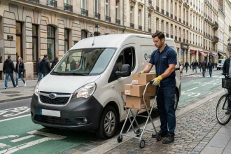 Livreur déchargeant des colis d'un utilitaire électrique blanc dans une rue commerçante d'une grande ville européenne