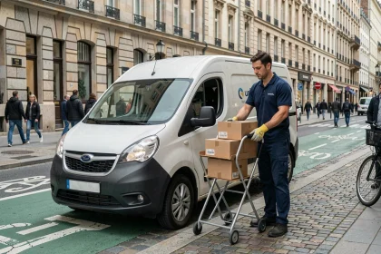 Livreur déchargeant des colis d'un utilitaire électrique blanc dans une rue commerçante d'une grande ville européenne