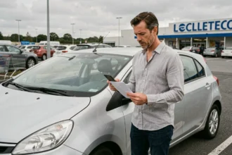 Homme consultant un contrat de location de voiture mensuelle Leclerc dans un parking de supermarché