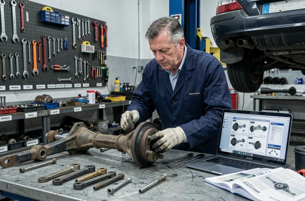 Mécanicien spécialisé inspectant une pièce de suspension Peugeot 306 Maxi sur établi dans un atelier de préparation