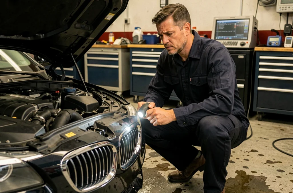 Mécanicien inspectant le moteur d'une BMW Série 5 F10 noire dans un atelier automobile professionnel, diagnostic des défauts mécaniques connus
