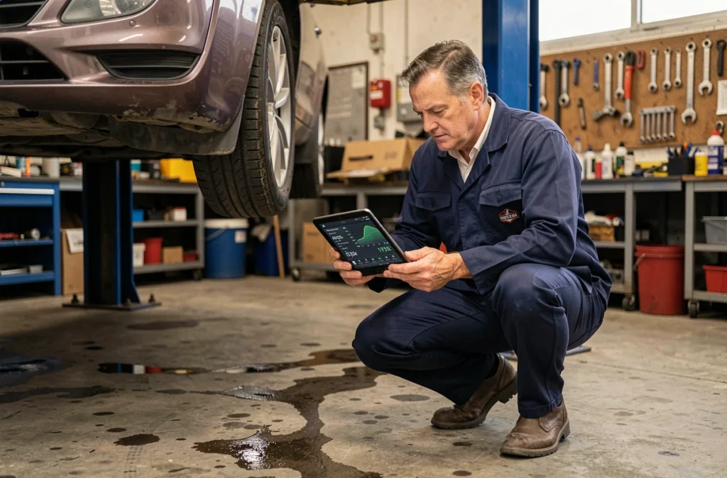 Mécanicien professionnel consultant les données de puissance moteur en kilowatts sur une tablette dans un garage automobile