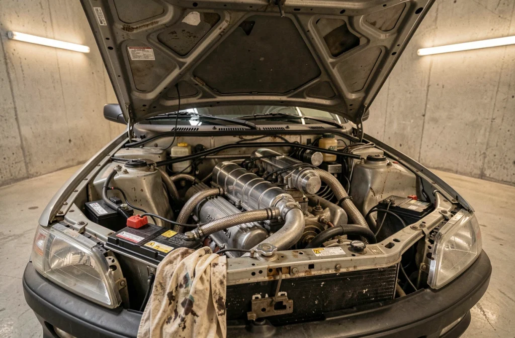 Moteur tuné de Peugeot 306 Maxi ouvert dans un garage, pièces mécaniques rares et préparation moteur visible