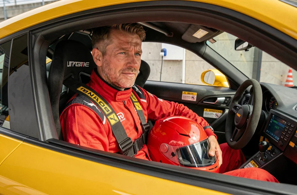 Pilote équipé d'un harnais multi-points et d'un système HANS dans le cockpit d'une Porsche GT3 Cup jaune