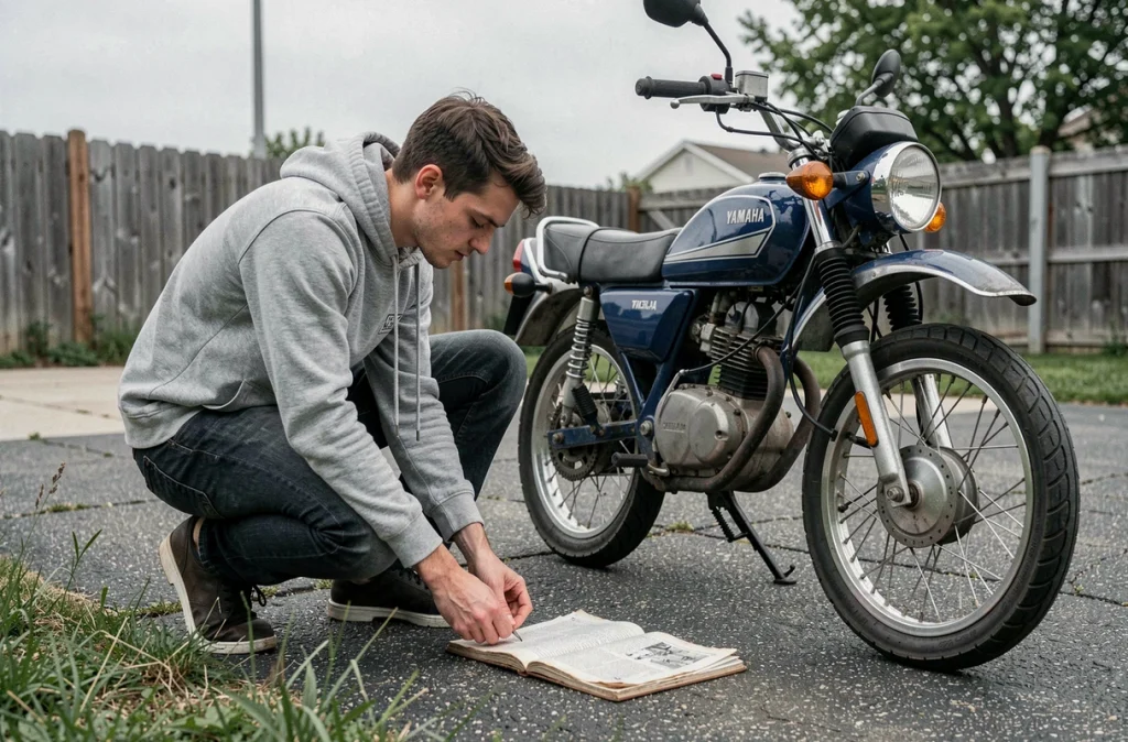 Jeune homme vérifiant la tension de chaîne d'un Yamaha TZR 50cc sur une allée avant la saison de roulage