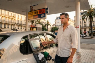 Automobiliste faisant le plein dans une station essence du centre-ville de Marseille avec des immeubles typiques en arrière-plan