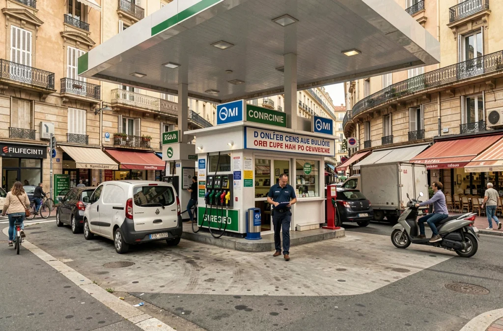 Vue large d'une station essence animée au carrefour du centre-ville de Marseille avec plusieurs voitures et un employé