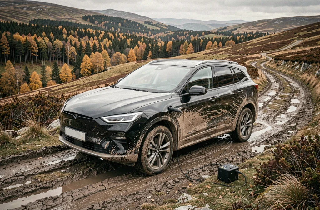 SUV électrique noir couvert de boue branché à une recharge portable au bord d'une piste forestière en montagne