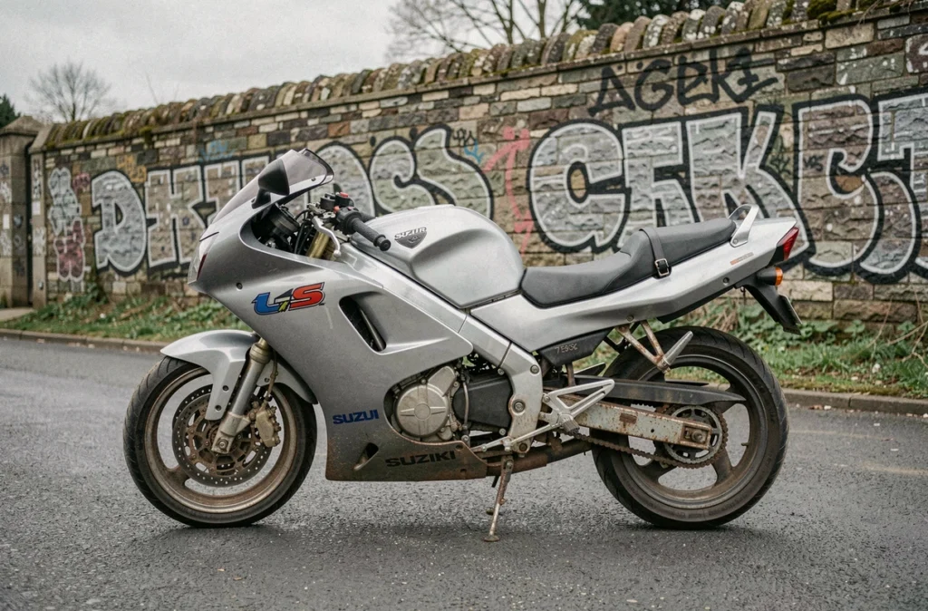 Suzuki GSXR 1100 de 1992 vue de profil complet en extérieur sur parking, montrant l'état général de la moto avec fourches avant, étriers de frein et pneus d'époque pour évaluation fiabilité