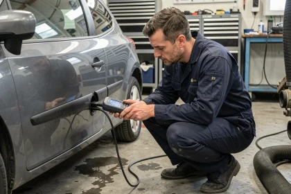 Technicien automobile utilisant une valise de diagnostic OBD2 pour lire le code erreur Renault 1525F3 sur une Renault grise dans un garage professionnel