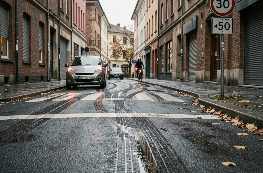 Traces de freinage sur route urbaine mouillée avec panneau indiquant 30 mph et 50 km/h en ville européenne