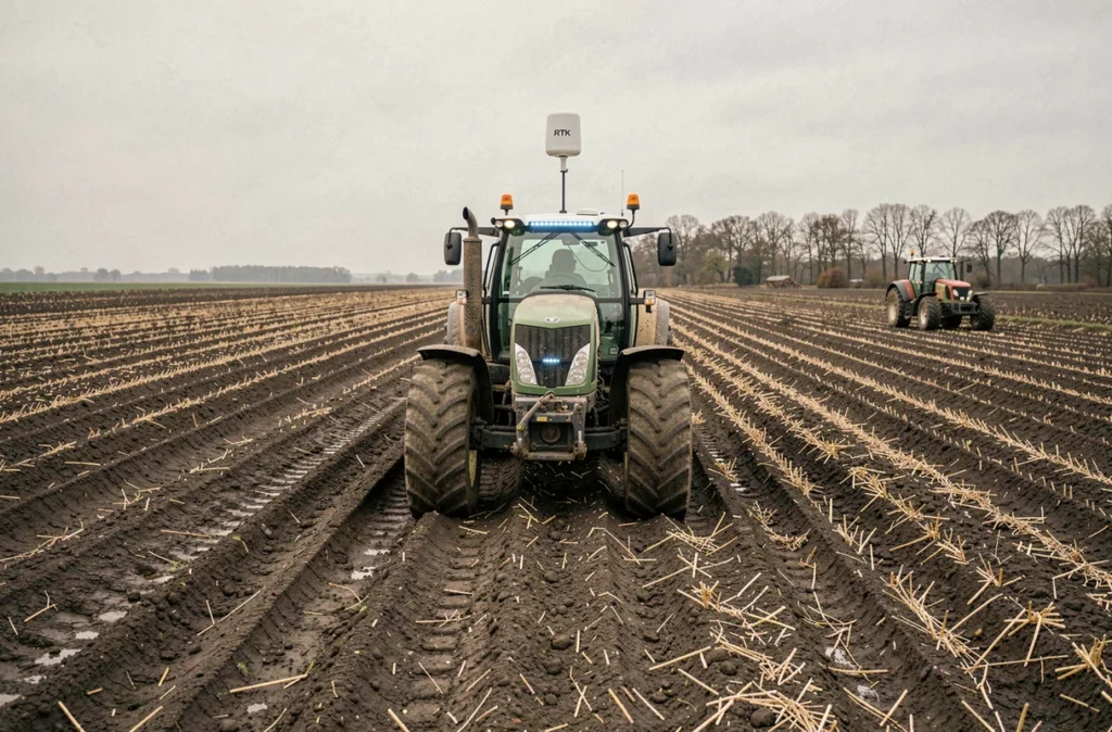 Tracteur équipé d'une antenne RTK et d'une barre de guidage agricole traçant des sillons parallèles précis dans un champ labouré en automne