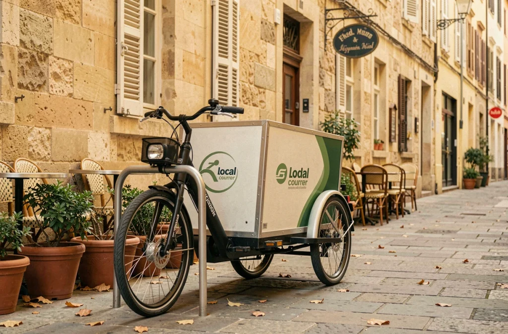 Vélo cargo électrique de livraison stationné dans une ruelle piétonne du centre historique d'une ville française
