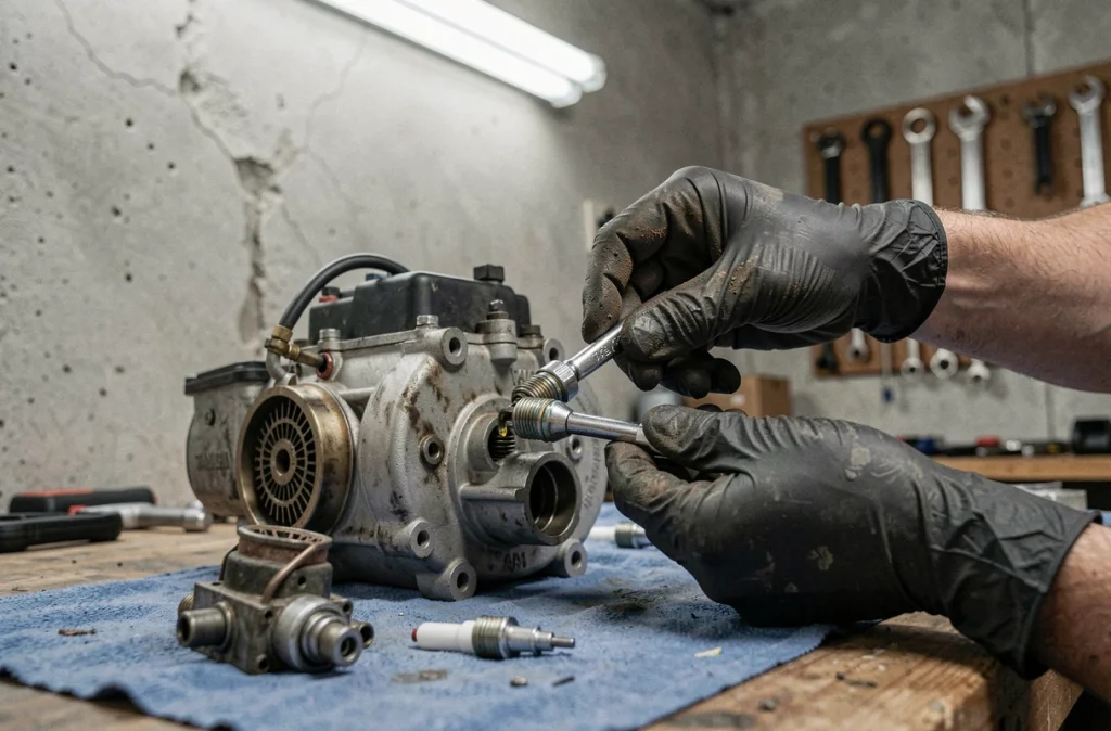 Gros plan sur les mains d'un mécanicien changeant la bougie d'un moteur 50cc Yamaha TZR