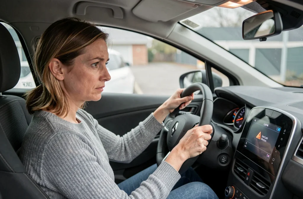 Conductrice inquiète face au voyant moteur allumé sur le tableau de bord d'une Renault Clio 5 signalant un défaut d'injection