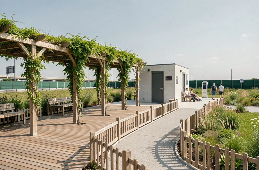 Vue extérieure d'une aire de repos autoroutière moderne avec pergolas, bornes de recharge électrique et espace promenade pour animaux