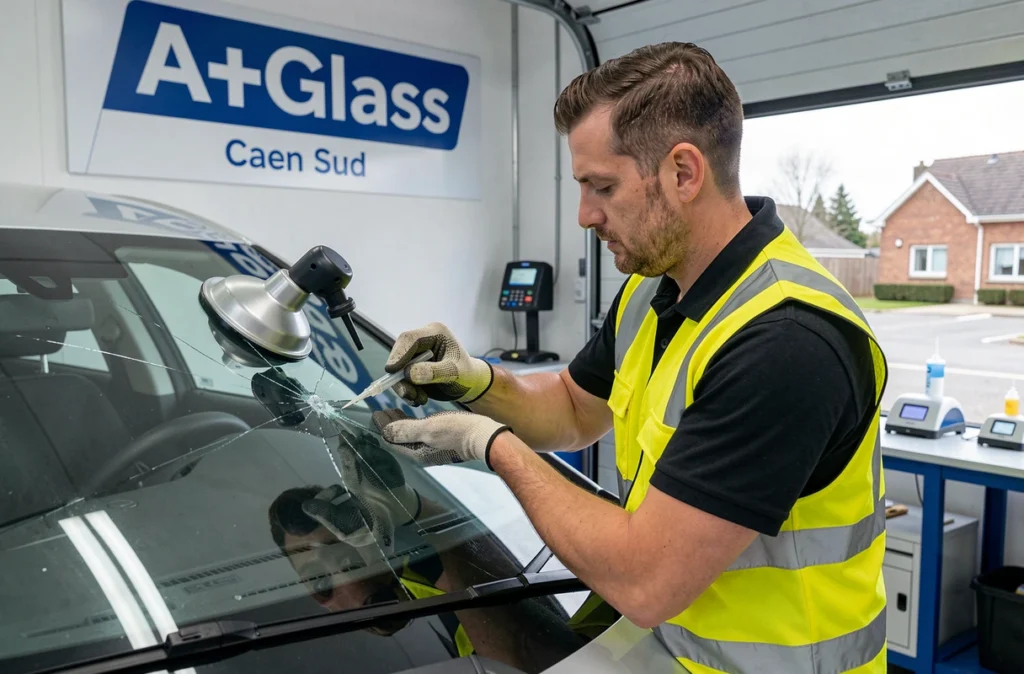 Spécialiste A+Glass Caen Sud appliquant de la résine pour réparer un impact sur un pare-brise de véhicule