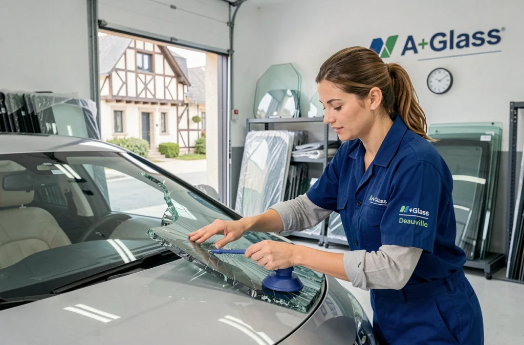 Technicienne A+Glass Deauville retirant un pare-brise endommagé d'une berline haut de gamme