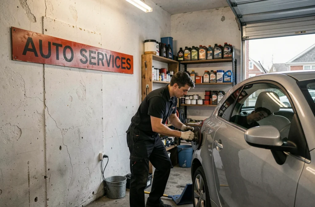 Mécanicien d'Auto Services effectuant un contrôle d'alignement sur un véhicule dans un petit atelier automobile