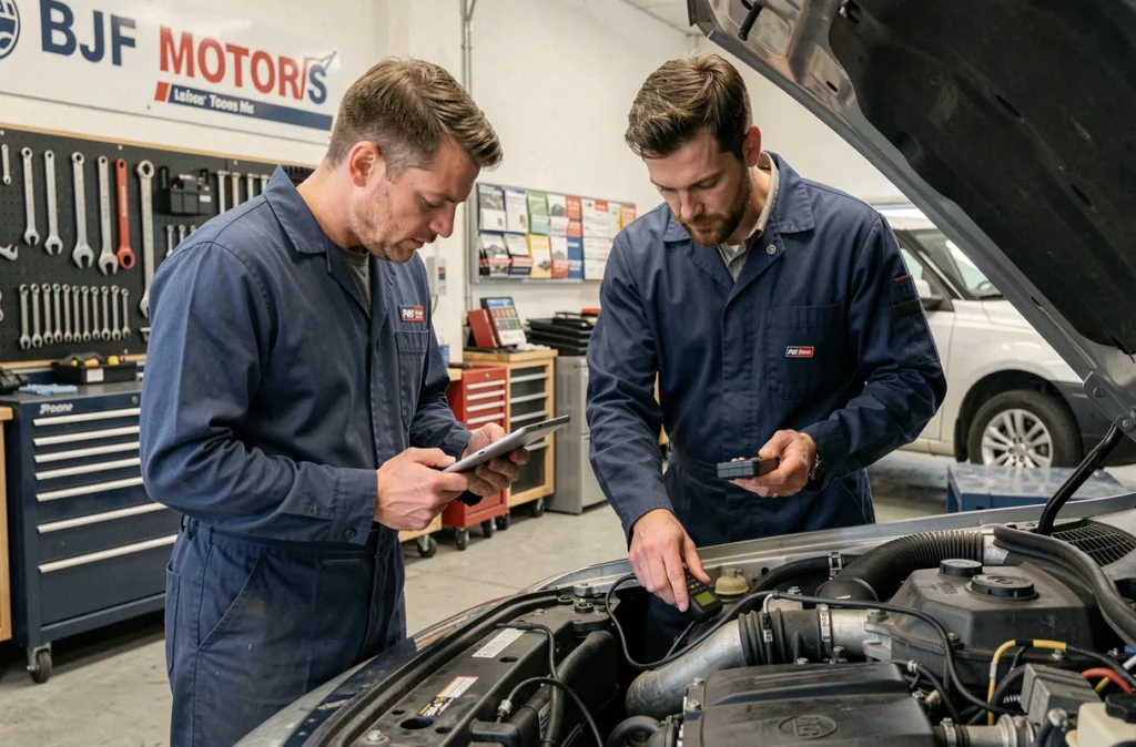 Deux mécaniciens de BJF MOTORS utilisant un scanner de diagnostic OBD sur un véhicule en Isère