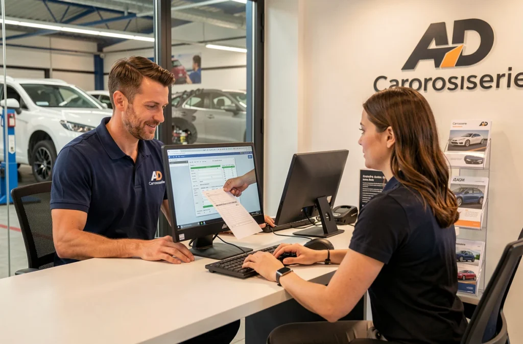 Conseiller de la Carrosserie AD AGM Auto Toulouse discutant d'un devis de réparation avec une cliente à l'accueil de l'atelier