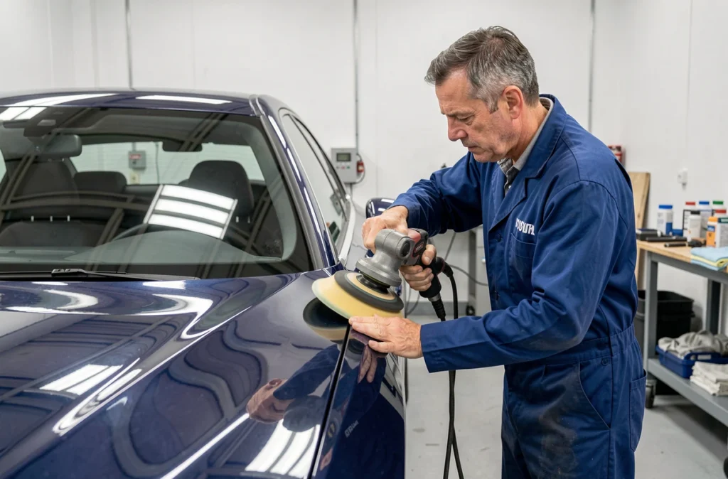 Technicien de la Carrosserie CARS Toulouse polissant la surface d'une berline bleue réparée dans la baie de finition