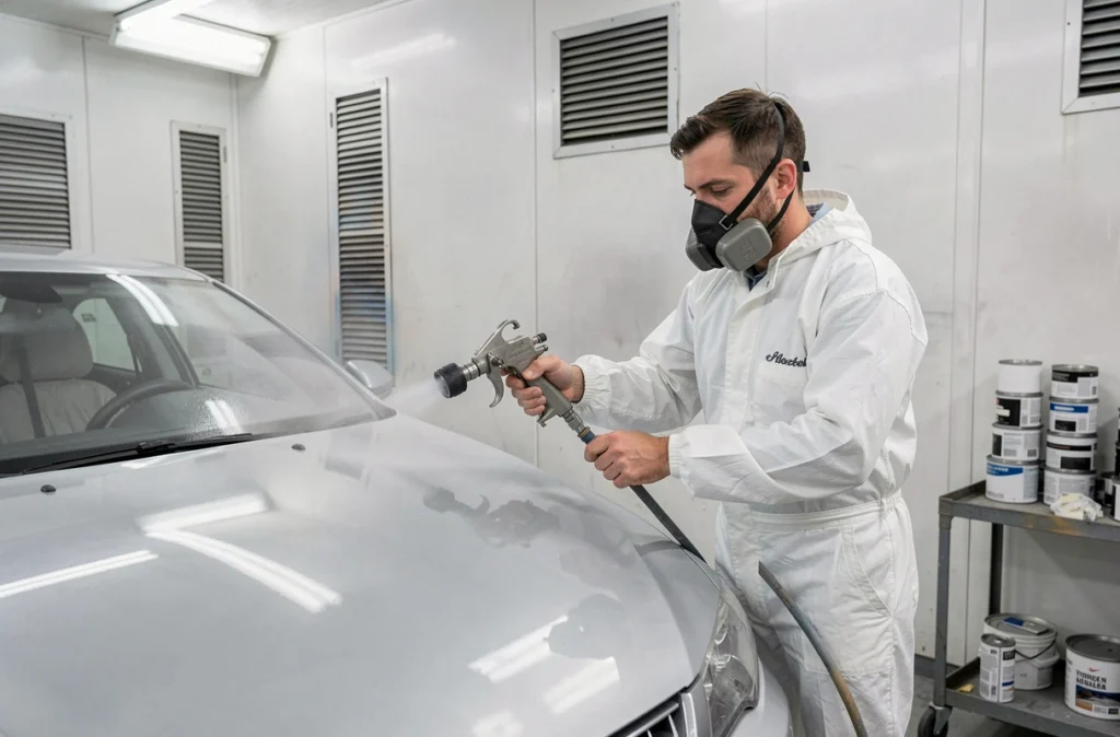 Peintre carrossier de la Carrosserie COVIGLIO à Toulouse appliquant une couche de peinture dans une cabine de peinture professionnelle