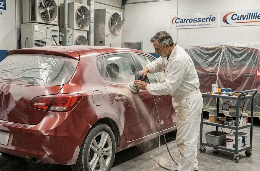 Carrossier de la Carrosserie Cuvilliez ponçant le panneau arrière d'une voiture rouge avec une ponceuse électrique