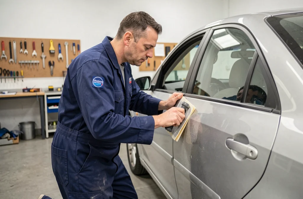 Technicien de la Carrosserie de l'Auto Toulouse en train de poncer la portière d'un véhicule dans son atelier