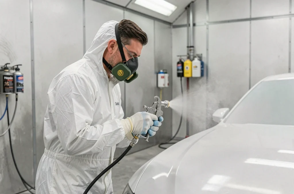 Peintre en carrosserie appliquant de la peinture sur un véhicule dans la cabine de la Carrosserie de l'étoile en Isère