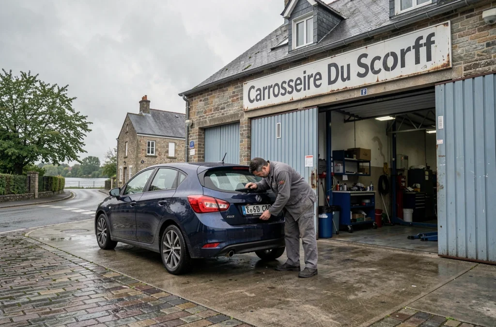 Extérieur de la Carrosserie Du Scorff avec un mécanicien inspectant un véhicule sur le parvis de l'atelier