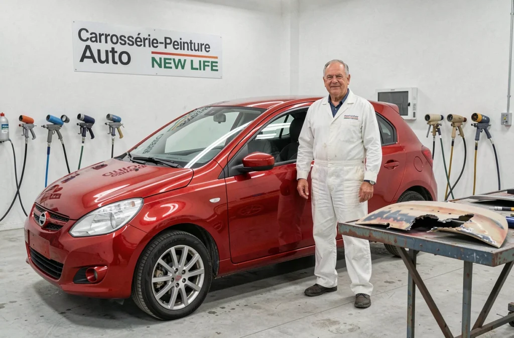Technicien de la Carrosserie-Peinture Auto New Life présentant une voiture rouge entièrement repeinte à neuf dans son atelier
