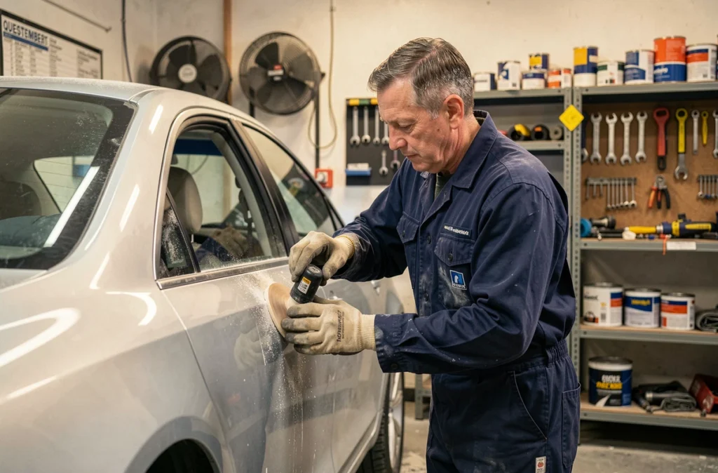 Technicien de la Carrosserie Rouillard à Questembert ponçant la carrosserie d'un véhicule dans son atelier
