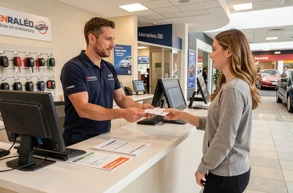 Agent de location remettant des documents à une cliente au comptoir d'une agence de location de voiture dans un centre commercial, illustration de la restitution de véhicule