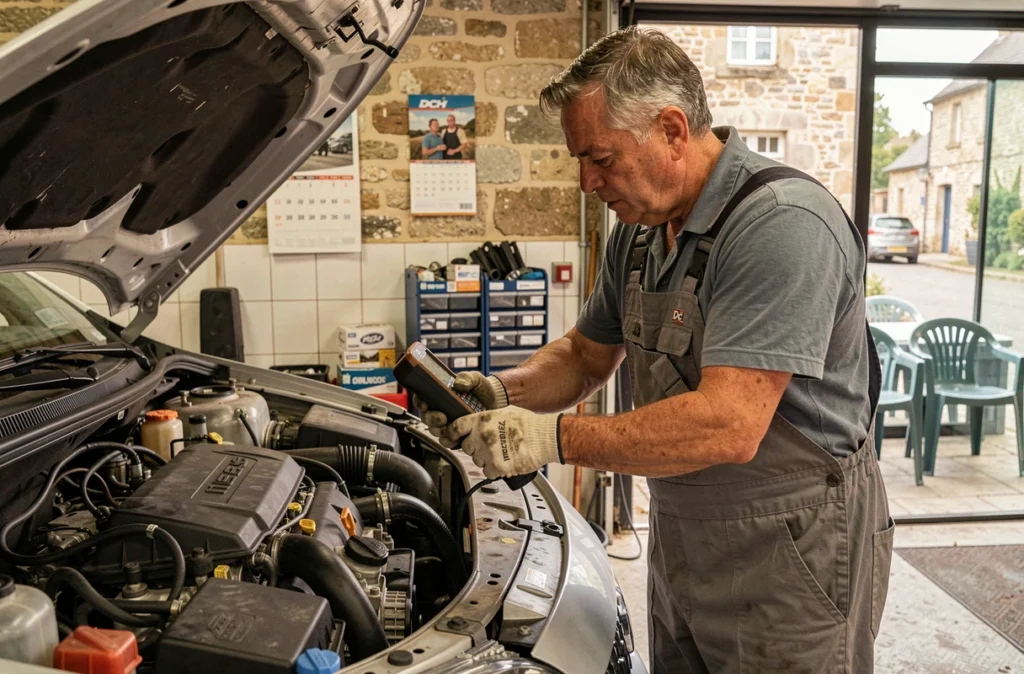 Mécanicien de DCH Auto à Falaise utilisant un scanner de diagnostic sur le moteur d'une voiture compacte