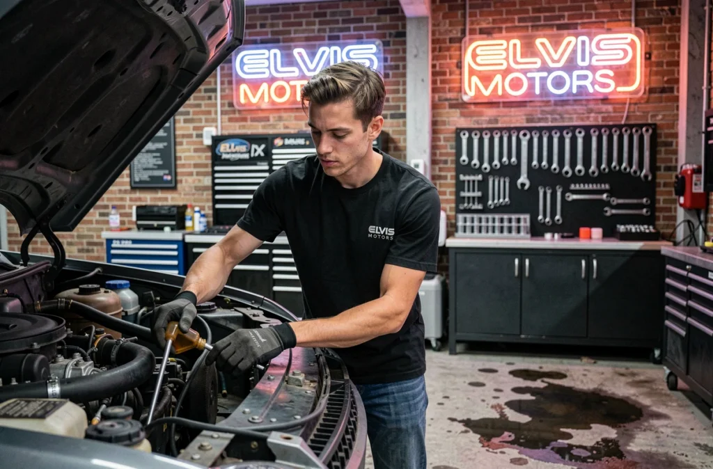 Jeune mécanicien effectuant une vidange sur un véhicule surélevé dans l'atelier moderne d'ELVIS MOTORS en Isère