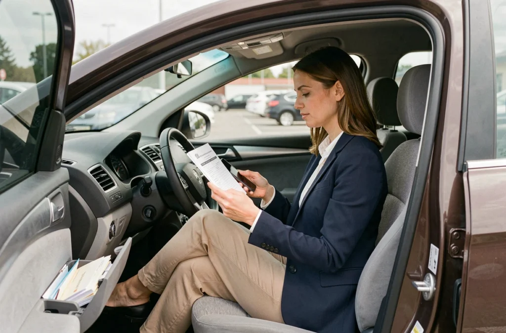 Femme consultant un contrat de location de voiture et son téléphone à l'intérieur d'un véhicule loué, vérifiant les conditions de restitution sans frais cachés