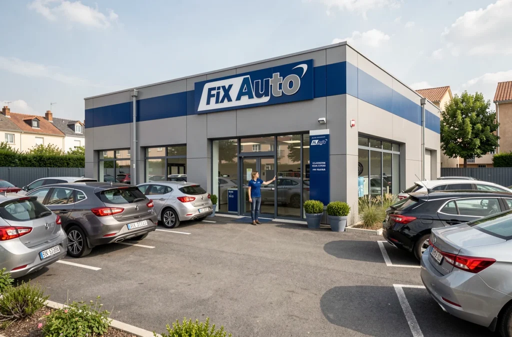 Extérieur du centre Fix Auto Colomiers avec façade branded et accueil client dans la banlieue toulousaine