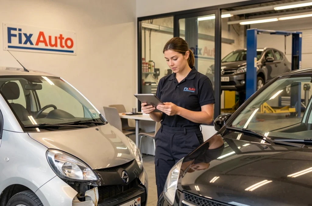 Conseillère du Fix Auto Moissac inspectant les dommages sur le pare-chocs d'une voiture compacte dans la zone d'accueil