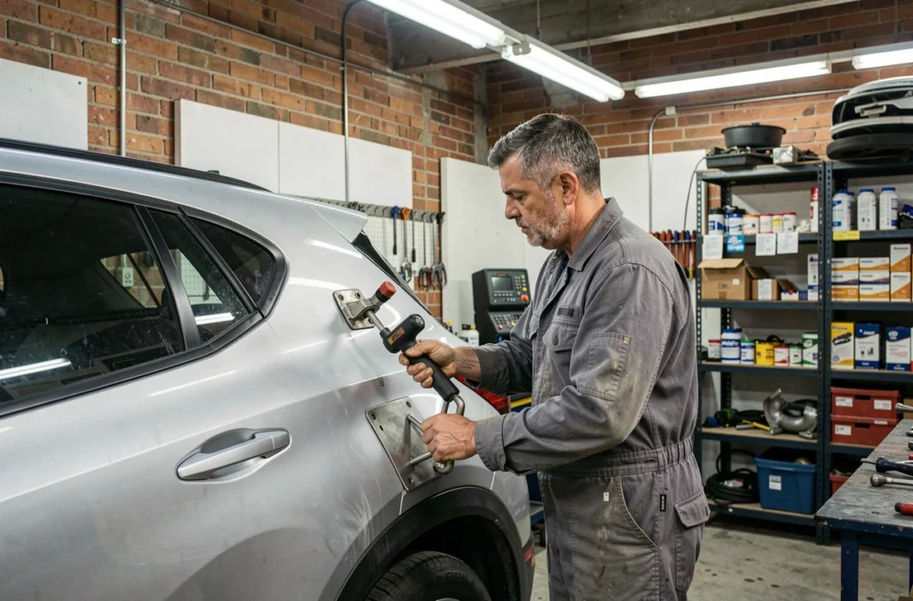Technicien du Fix Auto Muret utilisant un outil de débosselage sur le panneau arrière d'un SUV argenté