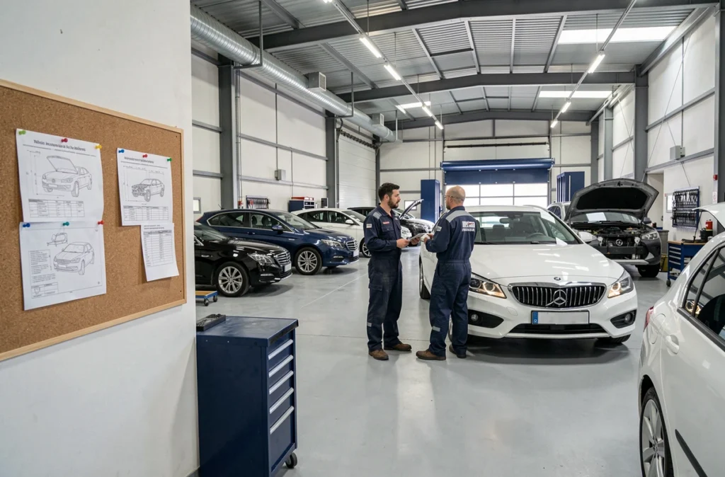 Vue intérieure du grand atelier Fix Auto Nîmes avec plusieurs véhicules en cours de réparation et des techniciens au travail