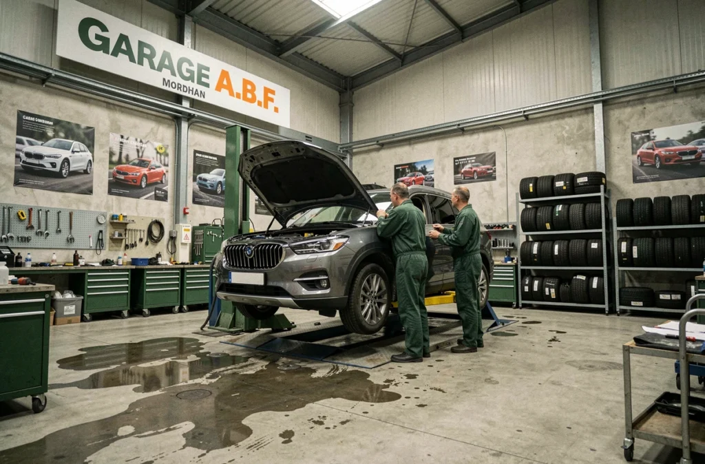 Deux mécaniciens du Garage A.B.F. à Caudan travaillant sur un SUV dans l'atelier de réparation automobile