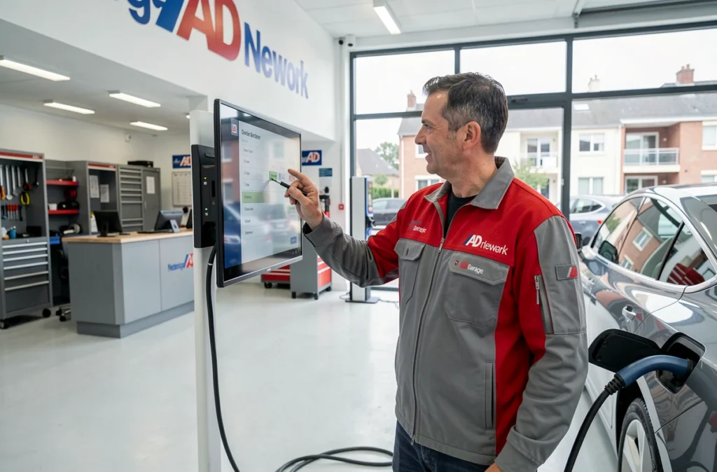 Technicien du Garage AD à Hérouville-Saint-Clair consultant un bon de travail numérique à côté d'un véhicule électrique en charge