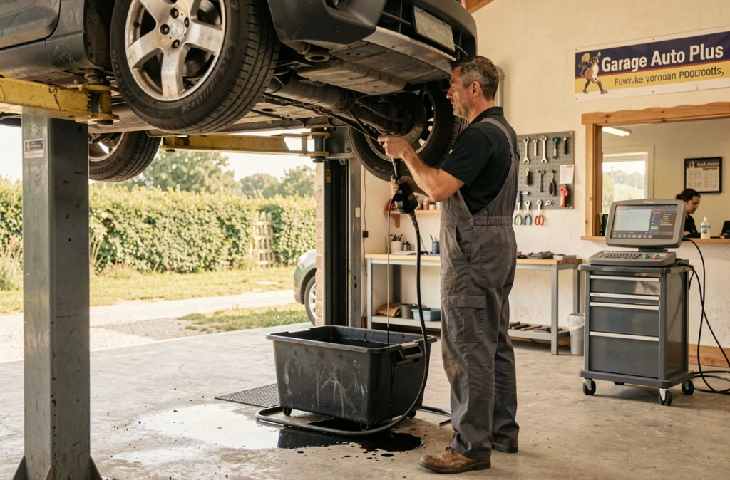 Mécanicien du Garage Auto Plus à Rots effectuant une vidange d'huile sur un SUV compact surélevé