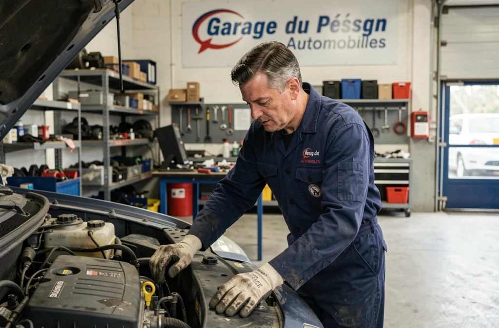 Mécanicien professionnel inspectant un moteur de voiture au Garage du Péage Mossan Automobiles en Isère