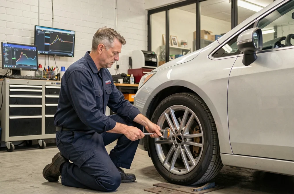 Mécanicien du Garage Lesieur à Lisieux effectuant un contrôle d'alignement sur une berline argentée